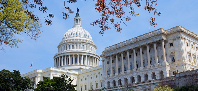 The white Capitol Building dome at an angle looking upwards