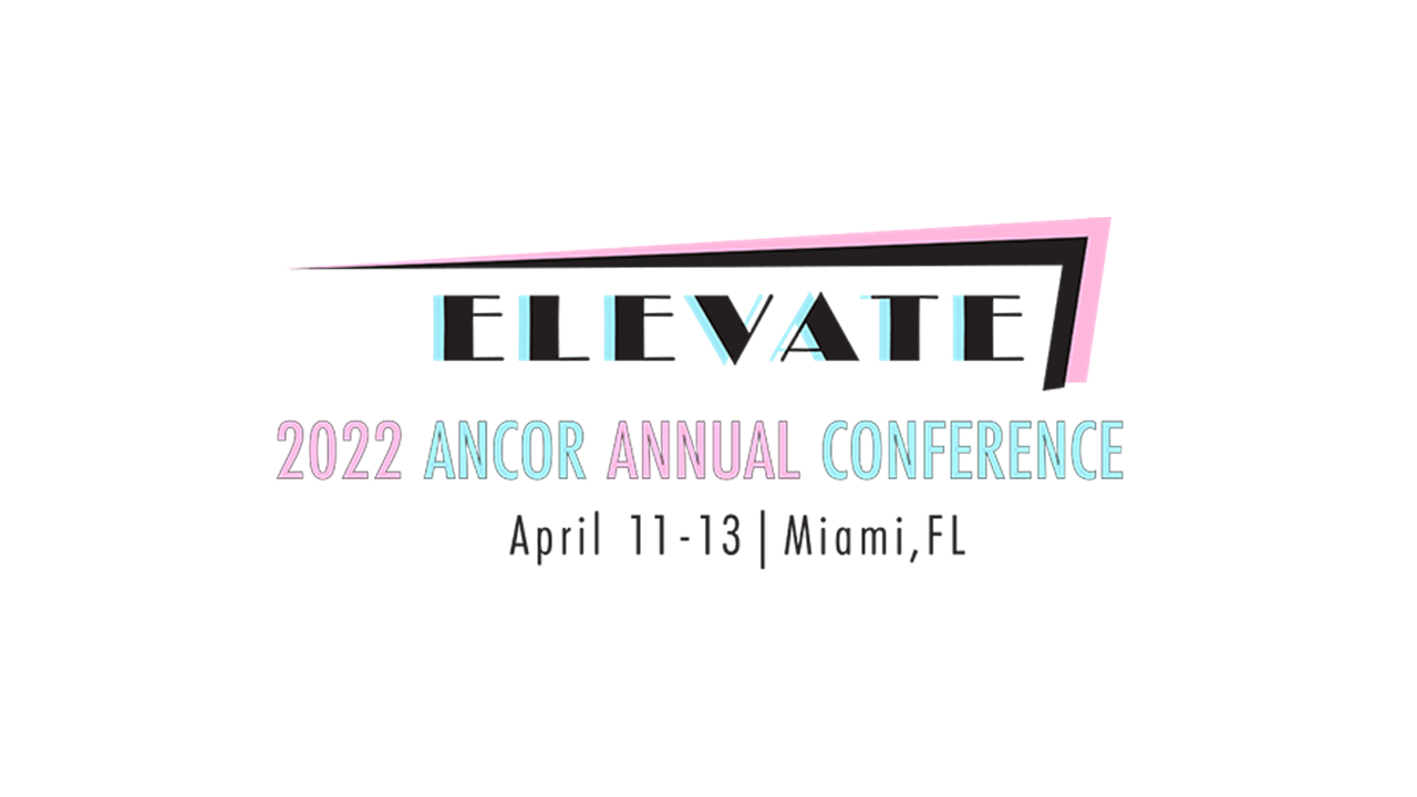 Logo with art deco-style lettering and pink and blue pastel colors for Elevate: The 2022 ANCOR Annual Conference