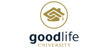 Goodlife University logo - Illustrated graduation cap in in gold above words 'Goodlife University'