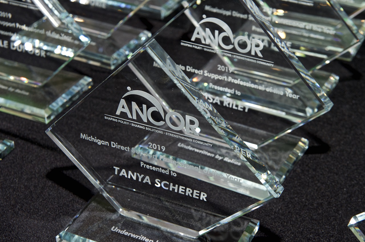 Diamond-shaped glass trophies laid out on a table ahead of the 2019 DSP of the Year Awards ceremony