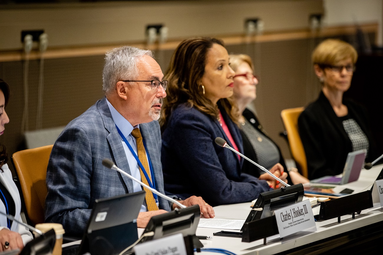 ANCOR Member Charlie Hooker seated next to two other disability sector leaders while presenting at the United Nations