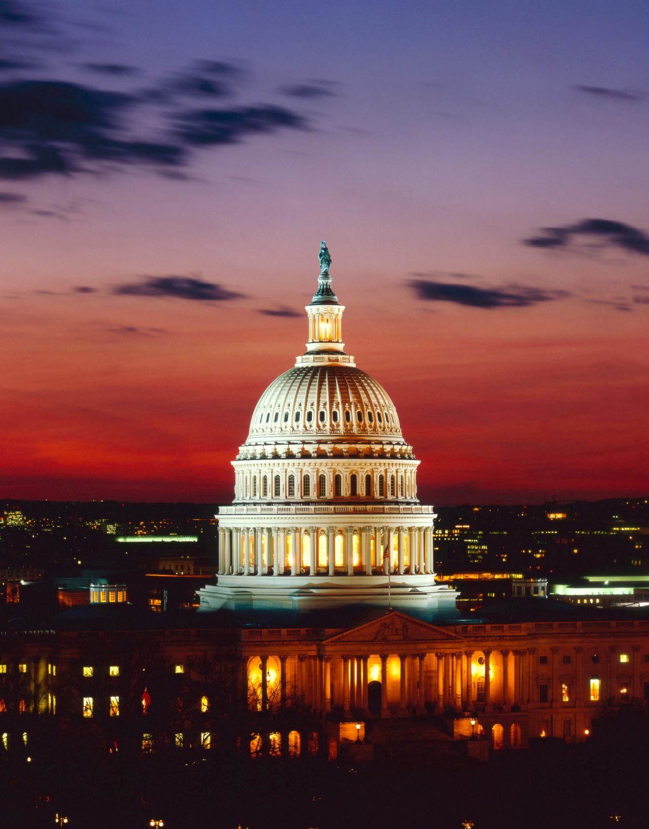 US Capitol building at dusk.