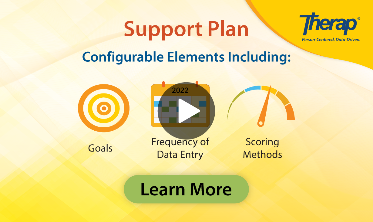 Image with text 'Support Plan - Configurable Elements Inccluding: Goals, Frequency of Data Entry, Scoring Methods' and a Learn More link for Therap Services