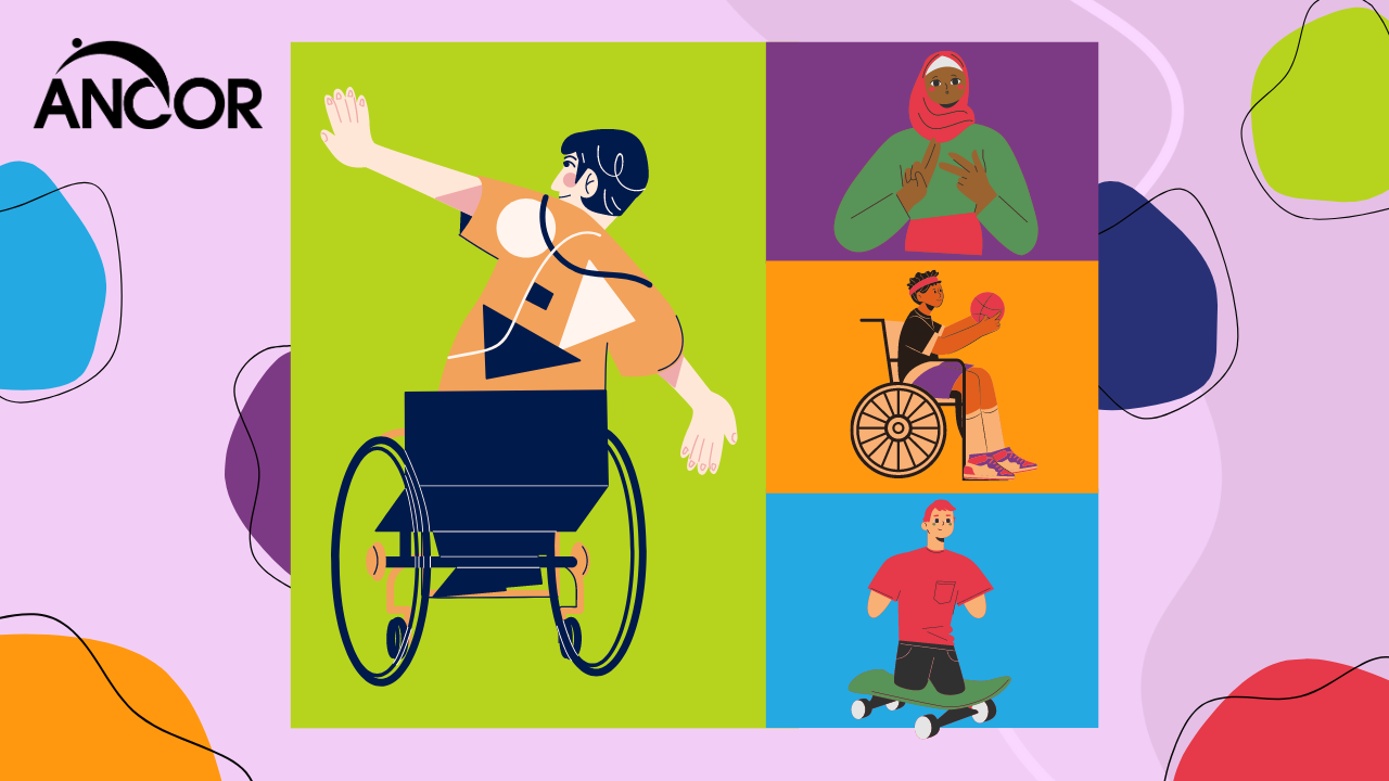 Colorful graphics featuring people with various disabilities engaging in community.
