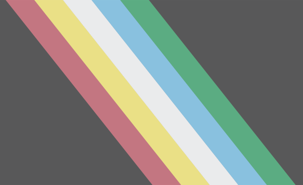 Disability Pride Flag. Red, yellow, white, blue and green diagonal stripes on a black background.