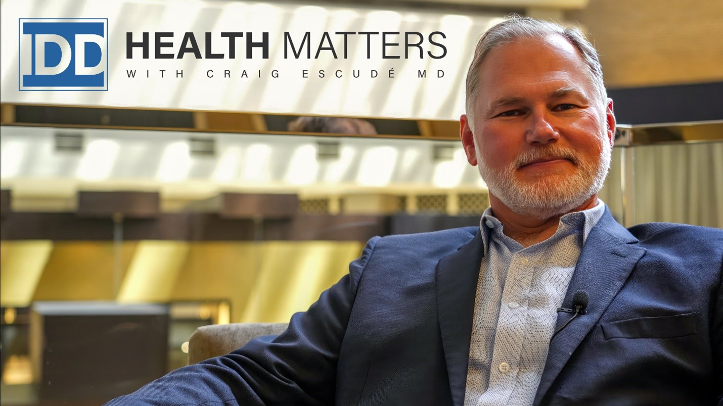 Banner for the 'IDD Health Matters' podcast, with a photo of Craig Escudé