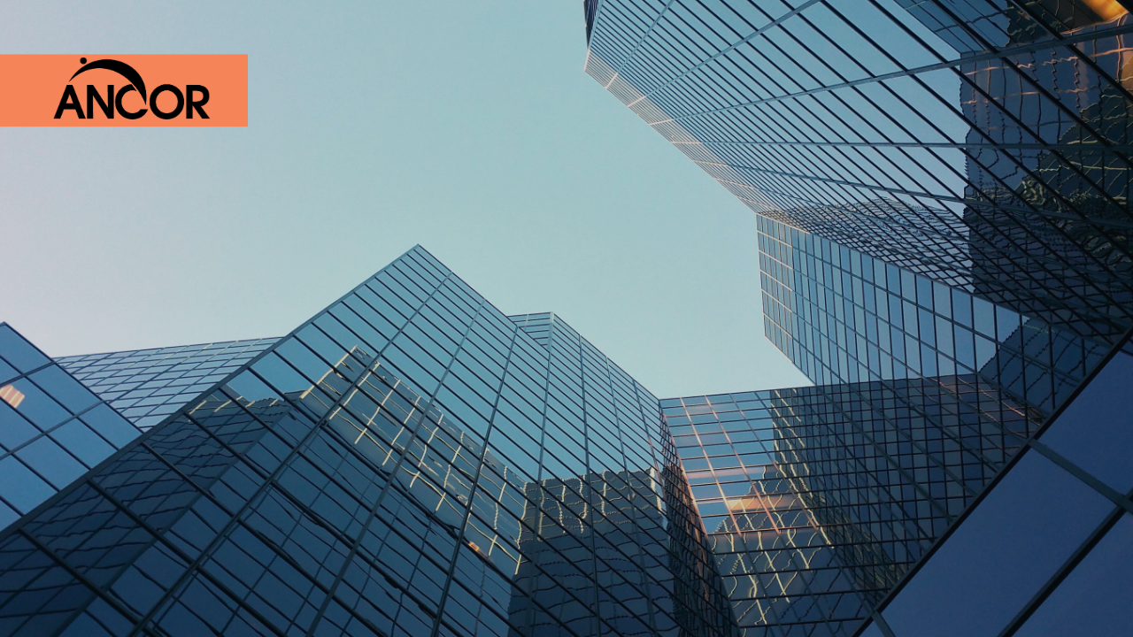 Tall business buildings seen from below