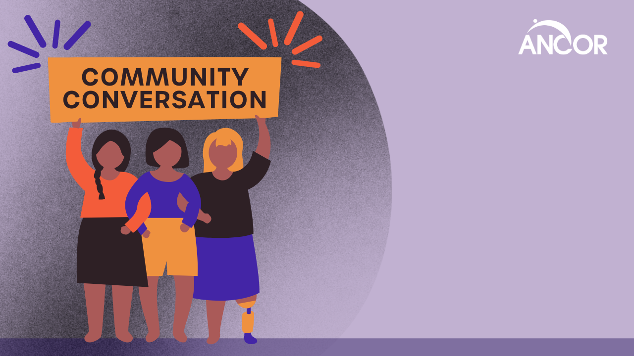 Illustration of three people holding a sign that says Community Conversation