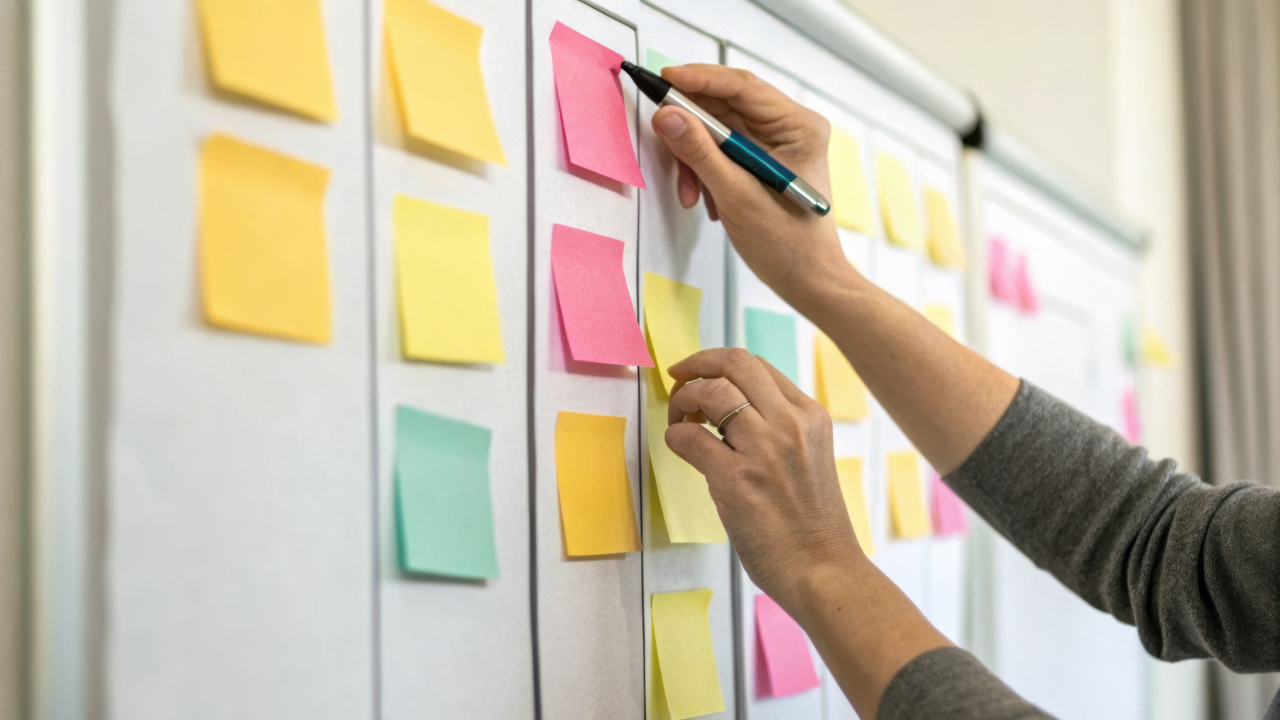 photo of a persn's hands writing on sticky notes organized on a whiteboard
