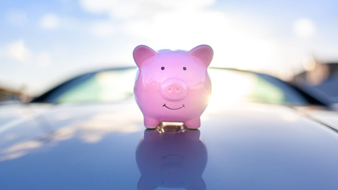 photo of a smiling piggy bank facing the camera while sitting atop the hood of a car