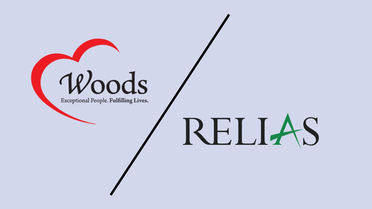 logos for Woods System of Care and Relias on a light blue background